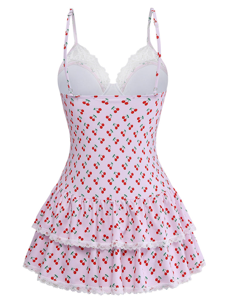 Retro Cherry Print One-Piece Swim Dress Lace Trim Pink