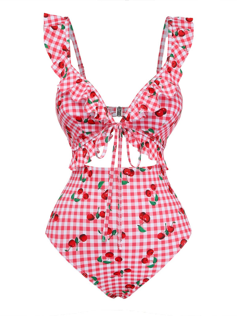 Red 1950s Plaid Cherry Ruffled Sweetheart Neck One-Piece Swimsuit - vintage swimsuit, pin-up style, elegant red