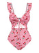 Red 1950s Plaid Cherry Ruffled Sweetheart Neck One-Piece Swimsuit - vintage swimsuit, pin-up style, elegant red
