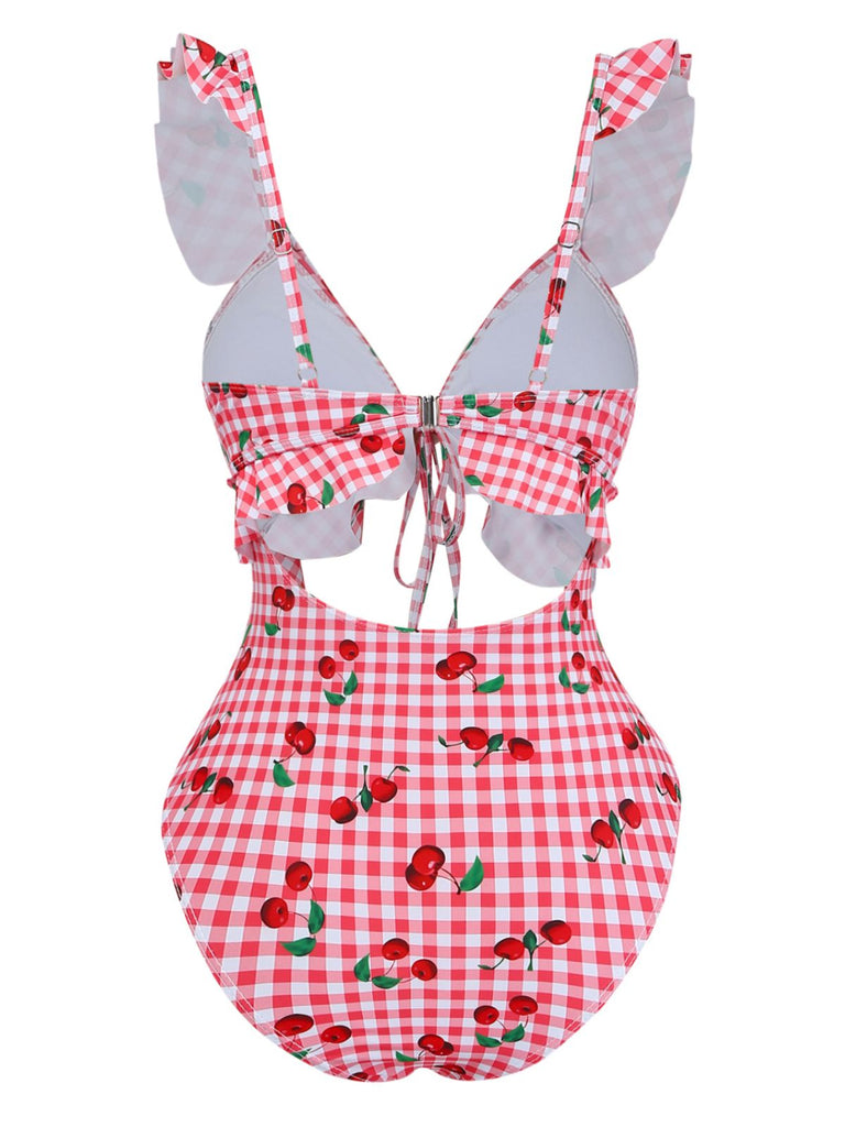 Red 1950s Plaid Cherry Ruffled Sweetheart Neck One-Piece Swimsuit - vintage swimsuit, pin-up style, elegant red