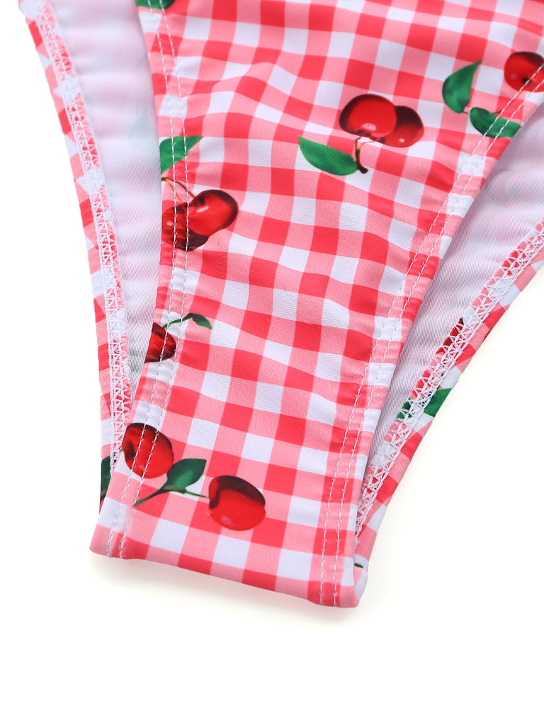 Red 1950s Plaid Cherry Ruffled Sweetheart Neck One-Piece Swimsuit - vintage swimsuit, pin-up style, elegant red