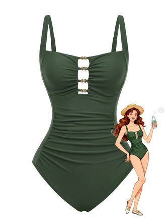 1950s Ruched Cutout Tummy Control One-Piece Swimsuit - vintage swimsuit, pin-up style