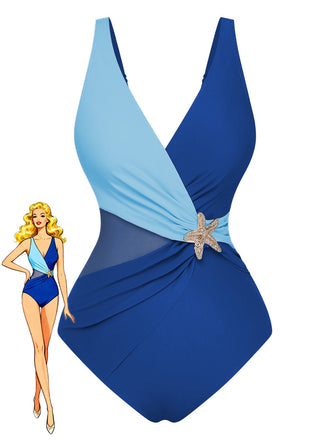 1950s Starfish V-Neck Tummy Control One-Piece Swimsuit - vintage swimsuit, pin-up style