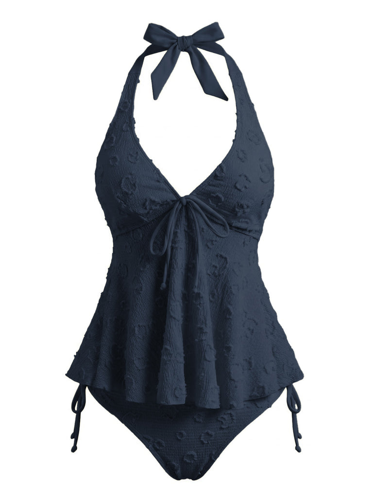 1950s Textured Floral Halter Deep V Tankini Set - vintage fashion, retro style, elegant red