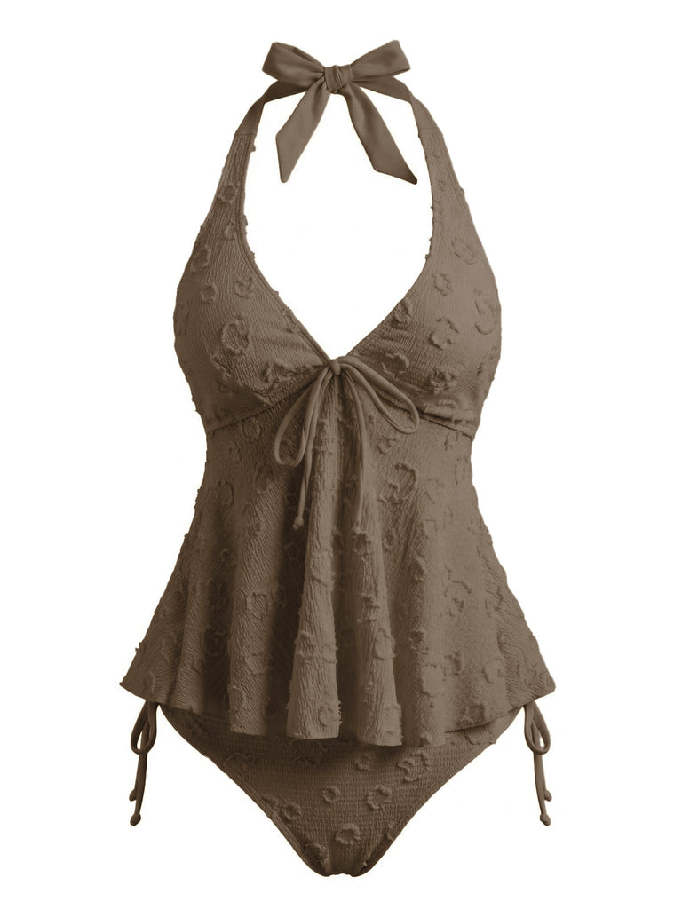 1950s Textured Floral Halter Deep V Tankini Set - vintage fashion, retro style, elegant red