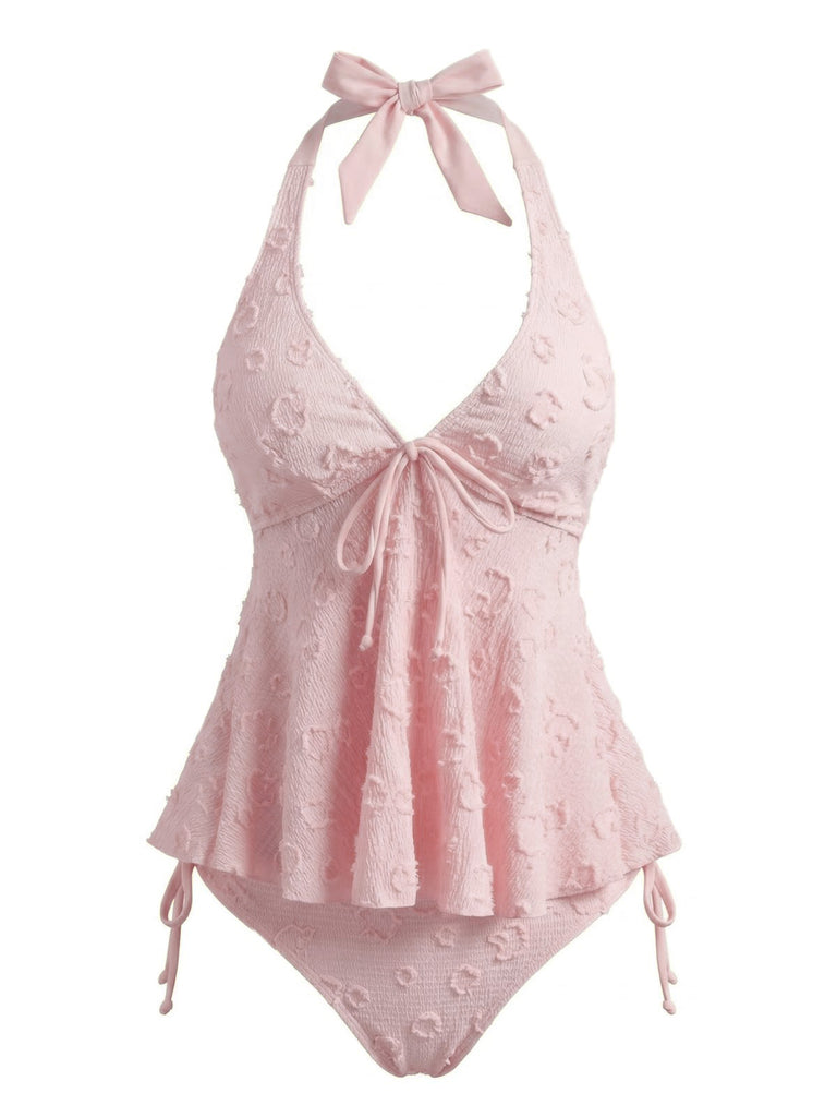 1950s Textured Floral Halter Deep V Tankini Set - vintage fashion, retro style, elegant red