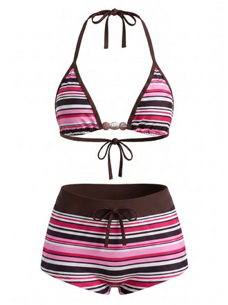 1950s Tie Halter Beaded Striped Swimwear Set - vintage swimsuit, pin-up style