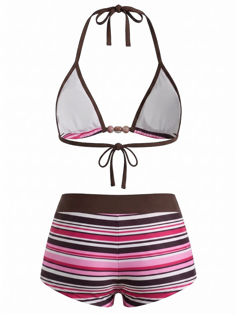 1950s Tie Halter Beaded Striped Swimwear Set - vintage swimsuit, pin-up style
