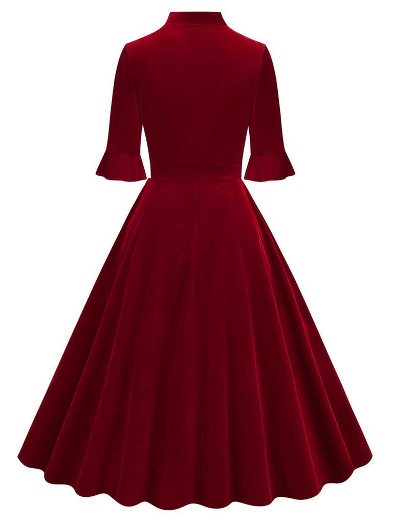 1950s Tie Neck Velvet Flared Sleeve Dress: where 1