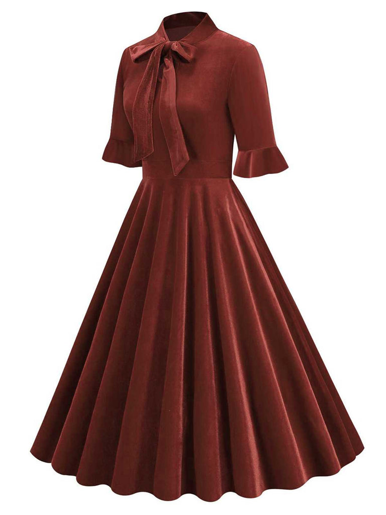 1950s Tie Neck Velvet Flared Sleeve Dress: where 1
