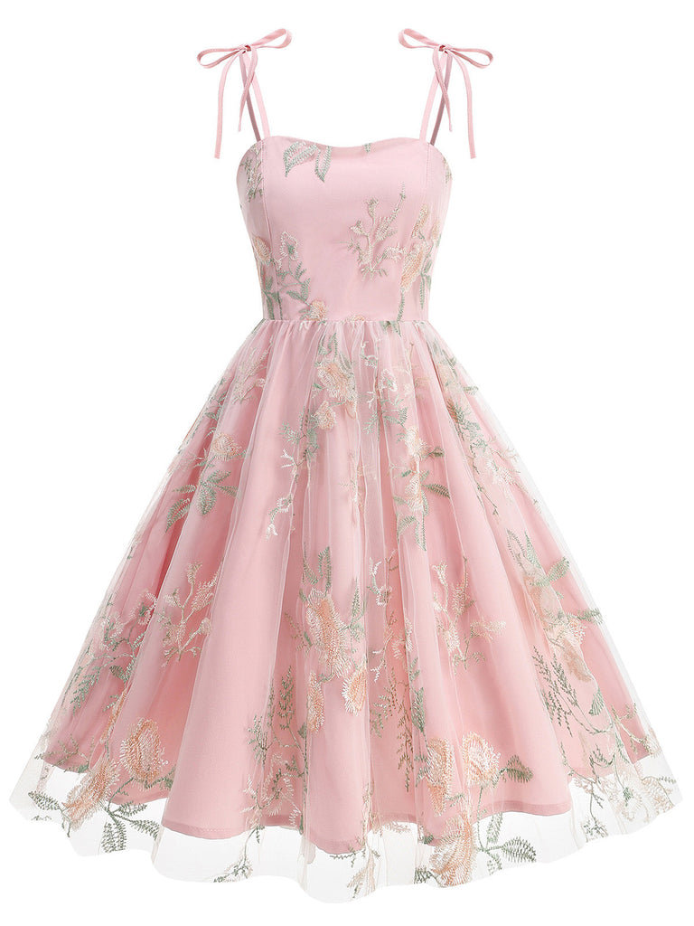 1950s Tie-Strap Floral Embroidered Tulle Dress