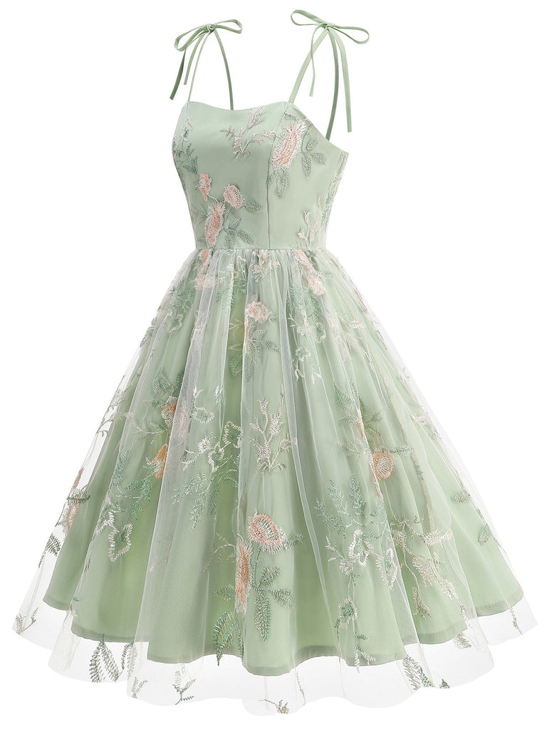 1950s Tie-Strap Floral Embroidered Tulle Dress