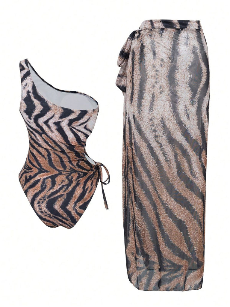 1950s Tiger One-Shoulder Swimsuit & Cover-Up: 1950s Riviera elegance, reimagined for her