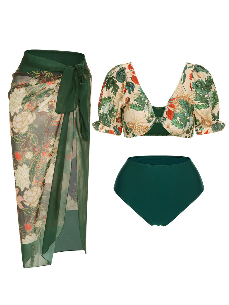 She's wearing 1950s Tropical Plant Patchwork Bikini Set & Cover-Up and the whole beach remembers the 1950s