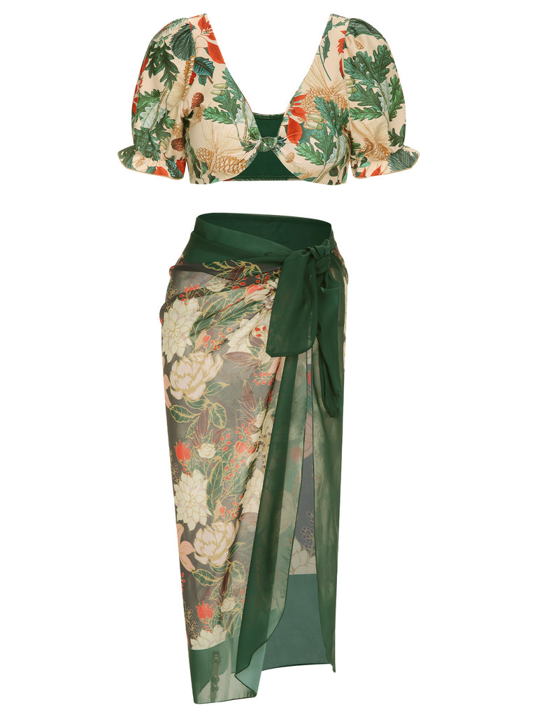 1950s Tropical Plant Patchwork Bikini Set & Cover-Up: 1950s Riviera elegance, reimagined for her
