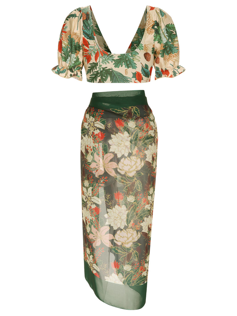 This 1950s Tropical Plant Patchwork Bikini Set & Cover-Up carries 1950s vacation dreams in every stitch