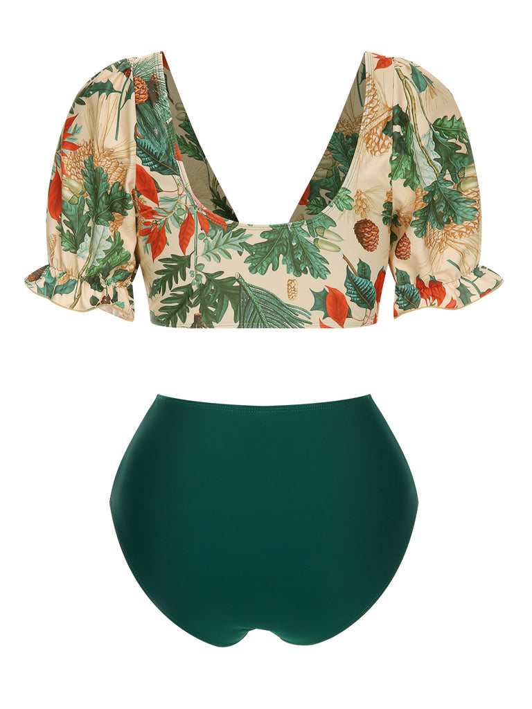 1950s Tropical Plant Patchwork Bikini Set & Cover-Up — 1950s poolside glamour meets sun-drenched confidence