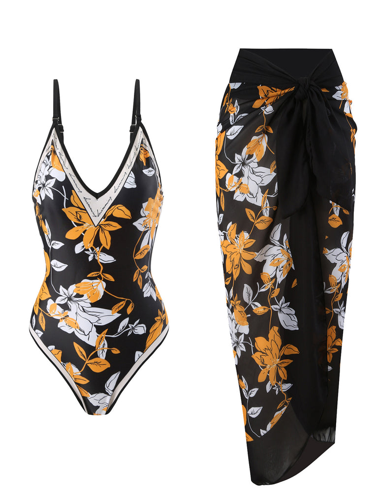 1950s Tropical Print One-Piece Swimsuit & Cover-Up: 1950s Riviera elegance, reimagined for her