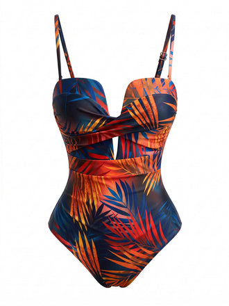 1950s-Twist-Front-Tropical-Leaf-Print-One-Piece-Swimsuit, vintage, retro, swimwear