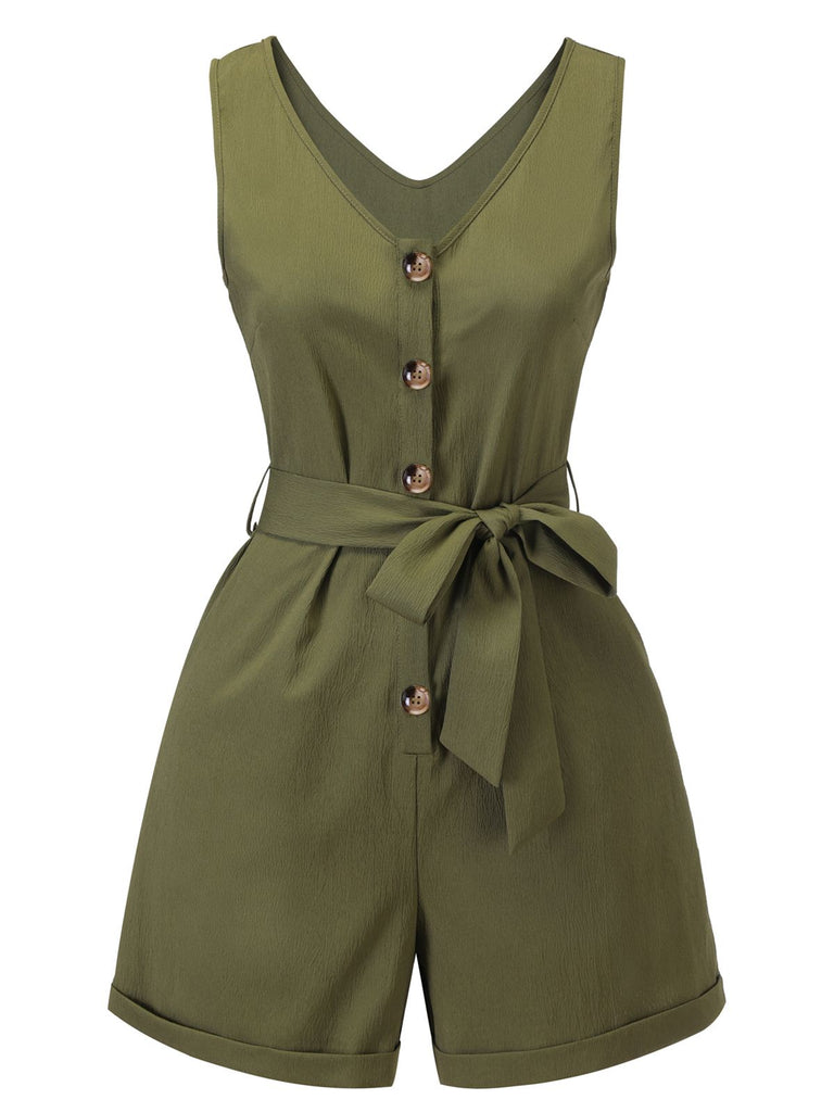 Olive Green 1950s V-Neck Button Waist Tie Romper, vintage romper, retro jumpsuit - perfect for women who love vintage and retro fashion