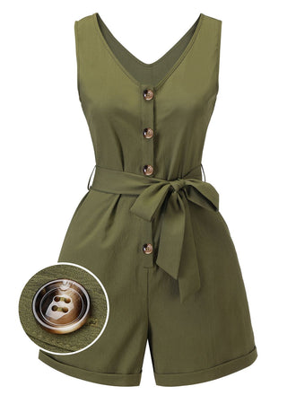 Olive Green 1950s V-Neck Button Waist Tie Romper, vintage romper, retro jumpsuit - perfect for women who love vintage and retro fashion