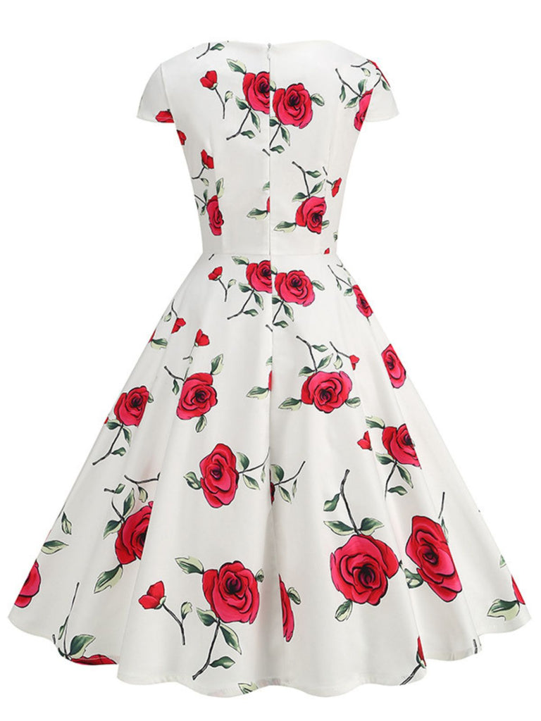 1950s Vintage Floral V Neck Dress