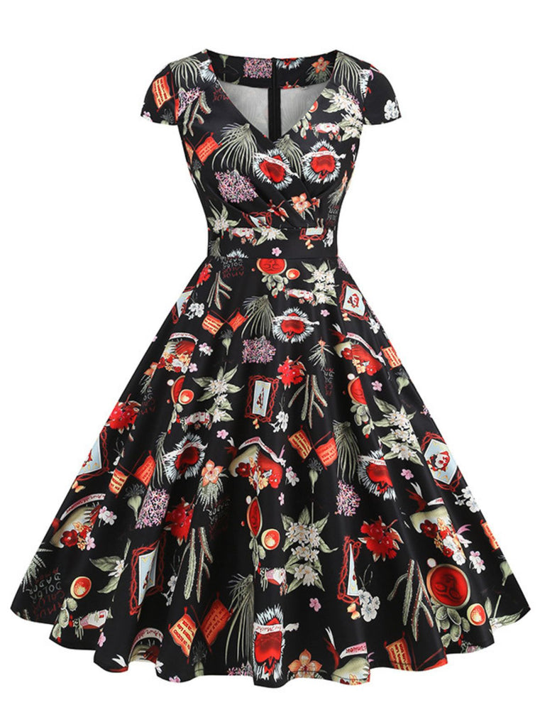 1950s Vintage Floral V Neck Dress
