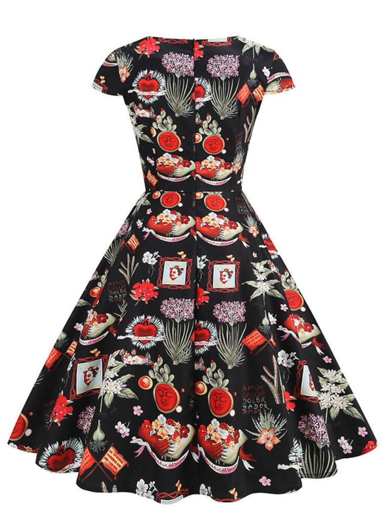 1950s Vintage Floral V Neck Dress
