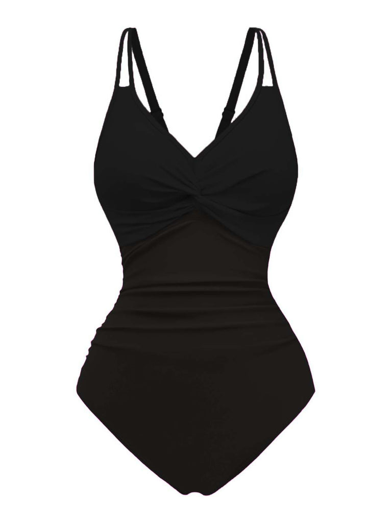 1950s V-Neck Color Patchwork One-Piece Swimsuit - vintage swimsuit, pin-up style