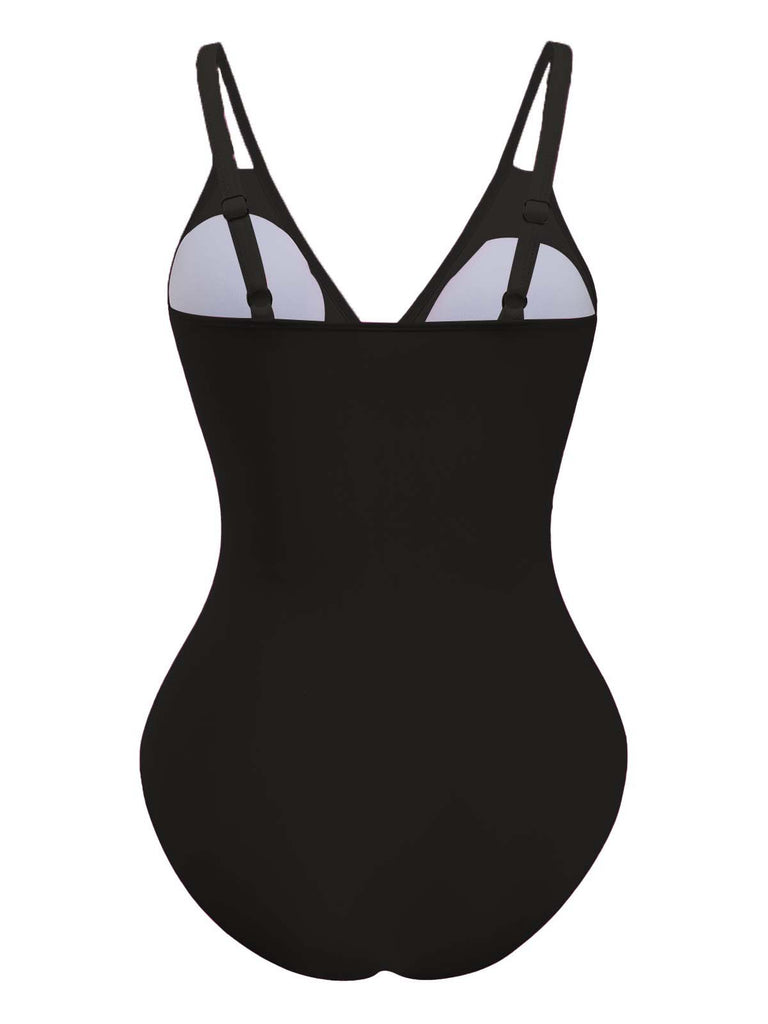 1950s V-Neck Color Patchwork One-Piece Swimsuit - vintage swimsuit, pin-up style