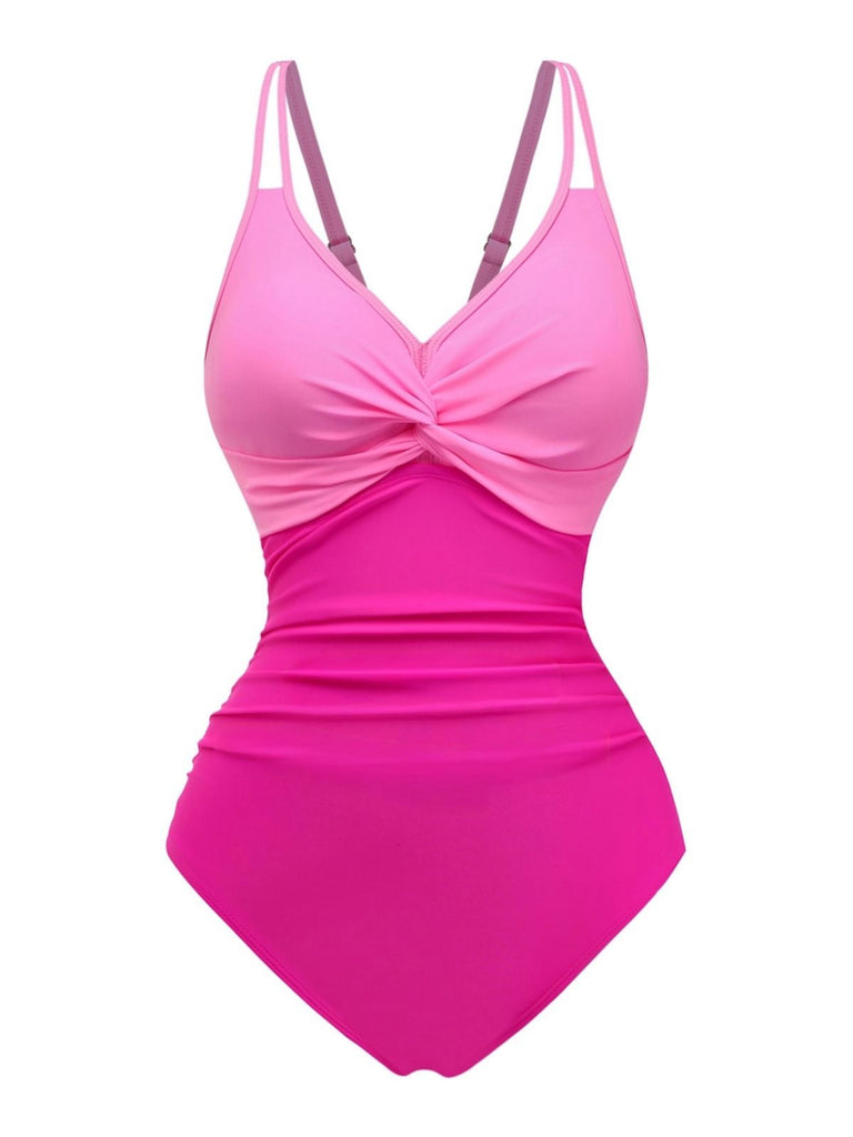 1950s V-Neck Color Patchwork One-Piece Swimsuit - vintage swimsuit, pin-up style