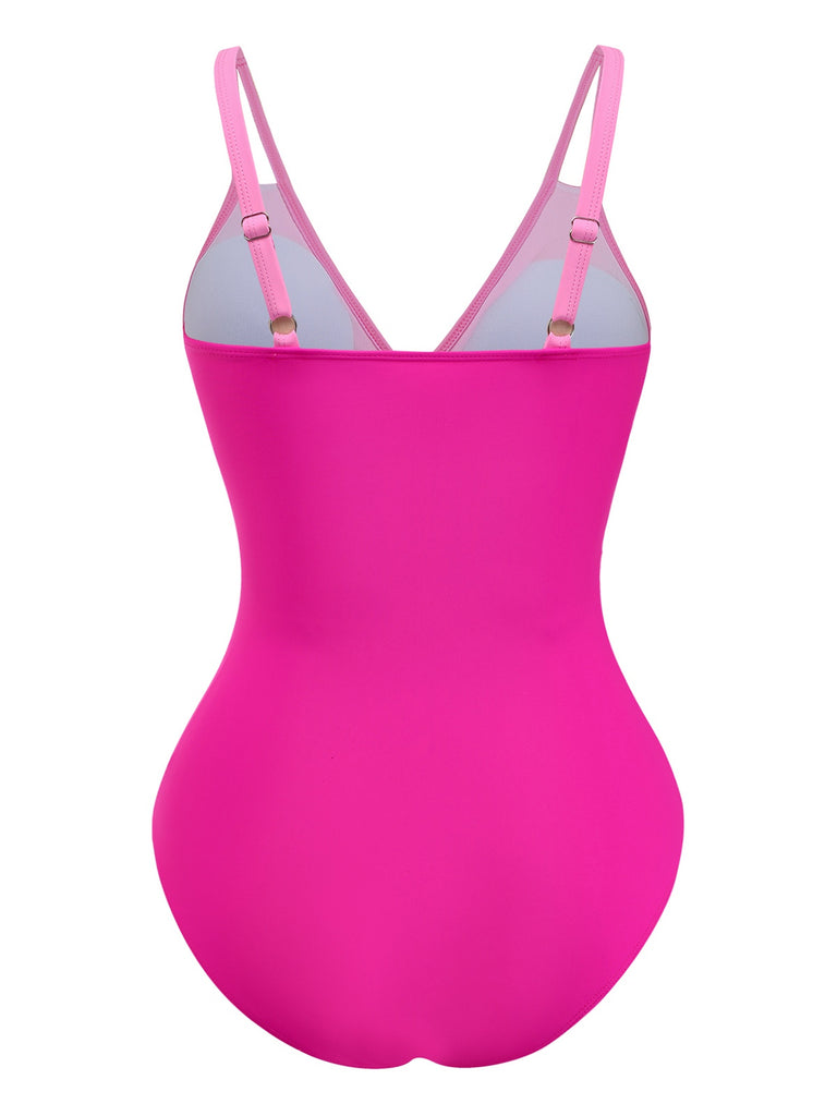 1950s V-Neck Color Patchwork One-Piece Swimsuit - vintage swimsuit, pin-up style