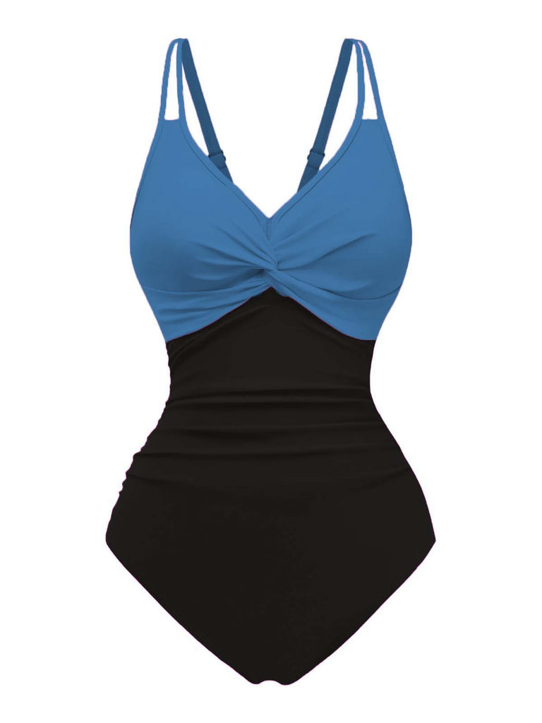 1950s V-Neck Color Patchwork One-Piece Swimsuit - vintage swimsuit, pin-up style