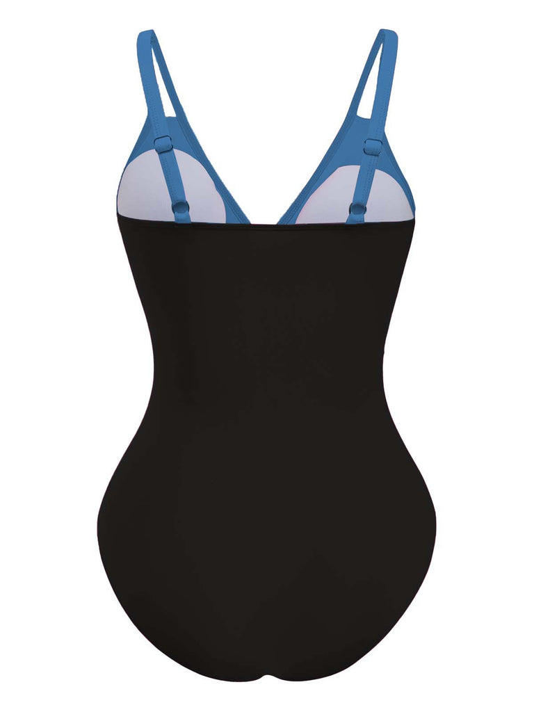 1950s V-Neck Color Patchwork One-Piece Swimsuit - vintage swimsuit, pin-up style