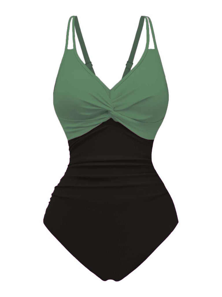 1950s V-Neck Color Patchwork One-Piece Swimsuit - vintage swimsuit, pin-up style