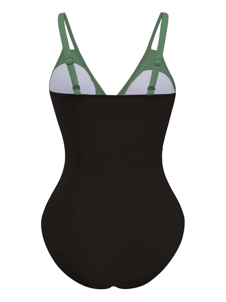 1950s V-Neck Color Patchwork One-Piece Swimsuit - vintage swimsuit, pin-up style