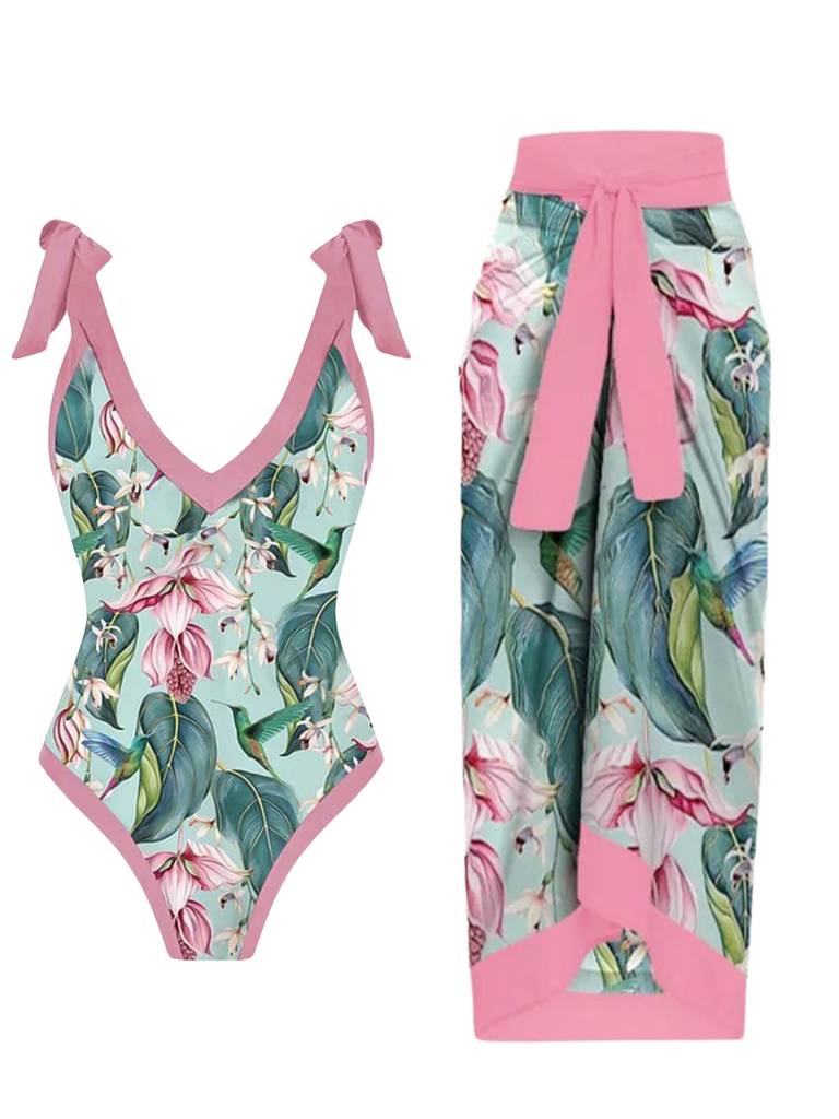 1950s V-Neck Flowers Lacing Swimsuit & Cover Up, vintage swimsuit, pin-up swimwear - perfect for women who love vintage and retro fashion