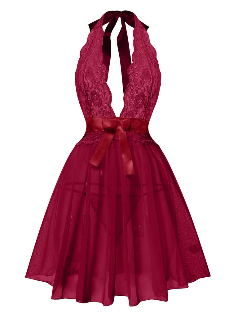 She slips into this 1950s V-Neck Halter Lace Sheer Nightgown and suddenly it's a 1950s daydream