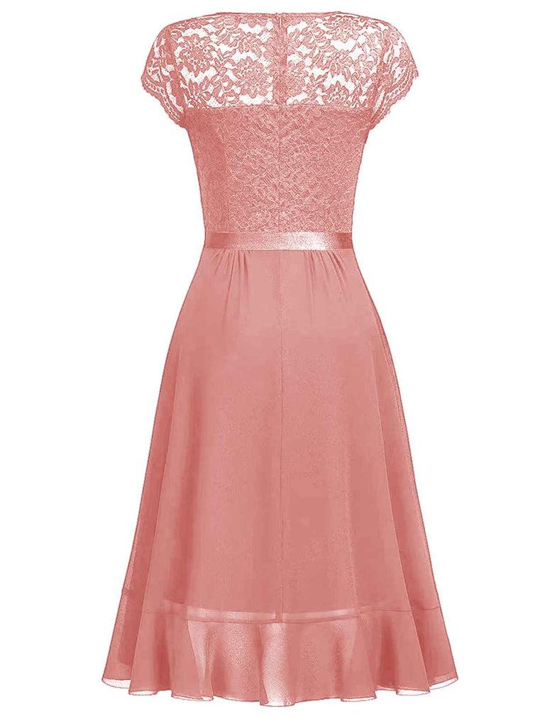 1950s V-Neck Lace Ruffles Solid Dress