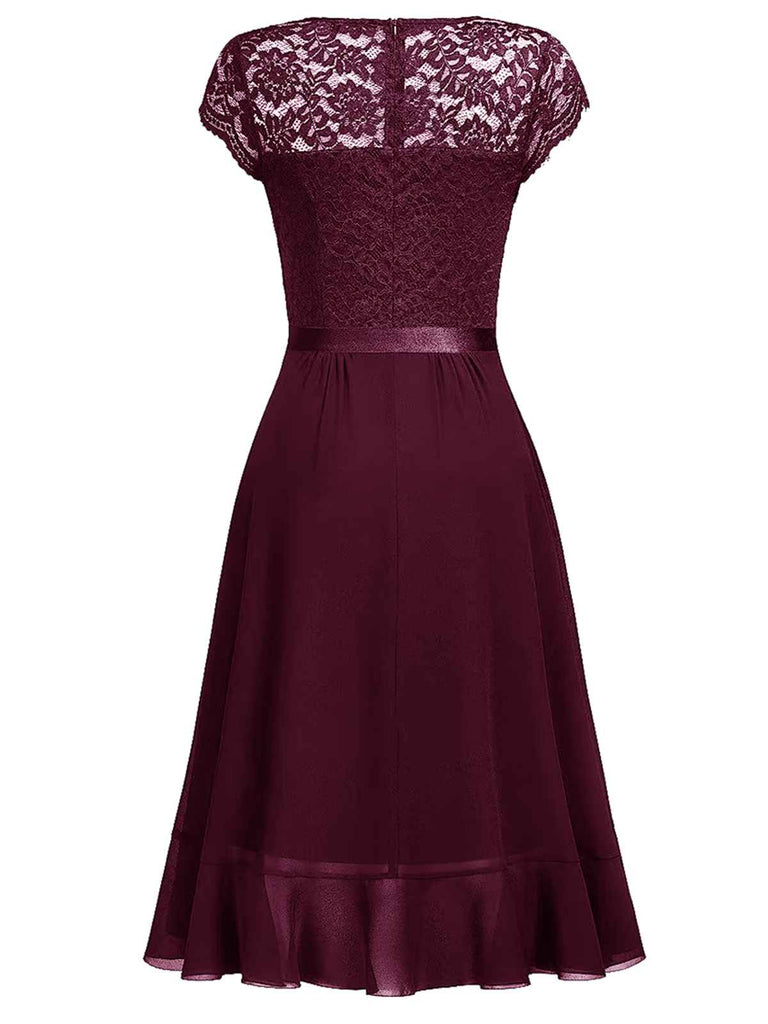 1950s V-Neck Lace Ruffles Solid Dress