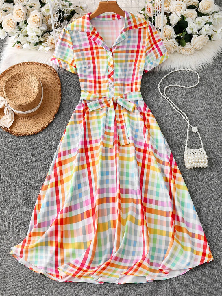 Vintage Rainbow Plaid Lapel Short Sleeve 50s Dress