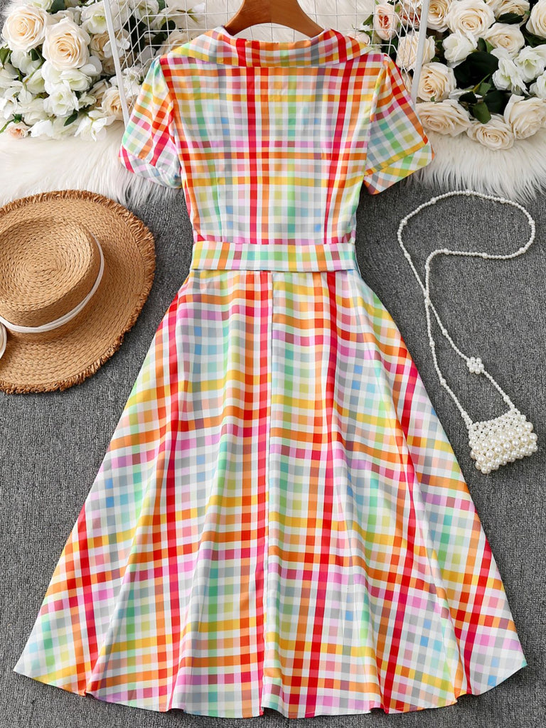 Multicolor 1940s Plaid Lapel Short Sleeve Dress