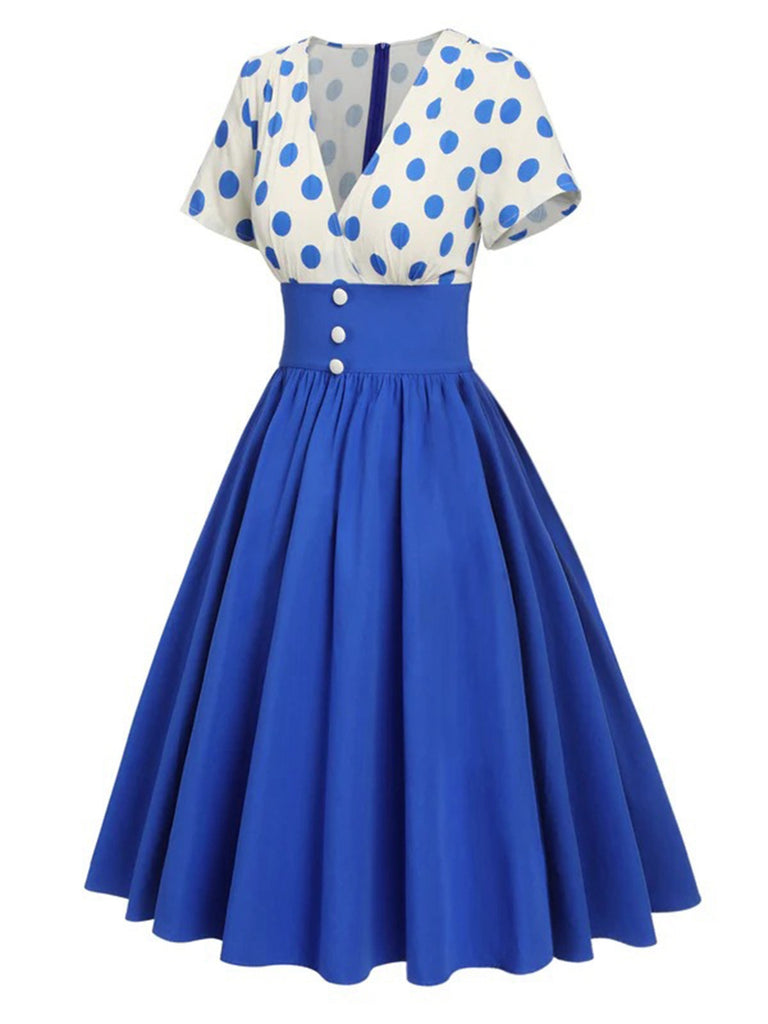 She slips into this 1950s V-Neck Polka Dots Swing Dress and suddenly it's a 1950s daydream