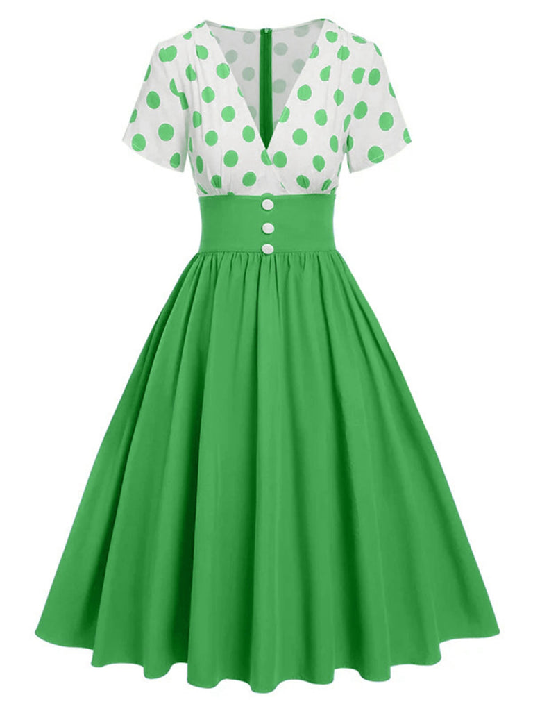 She slips into this 1950s V-Neck Polka Dots Swing Dress and suddenly it's a 1950s daydream