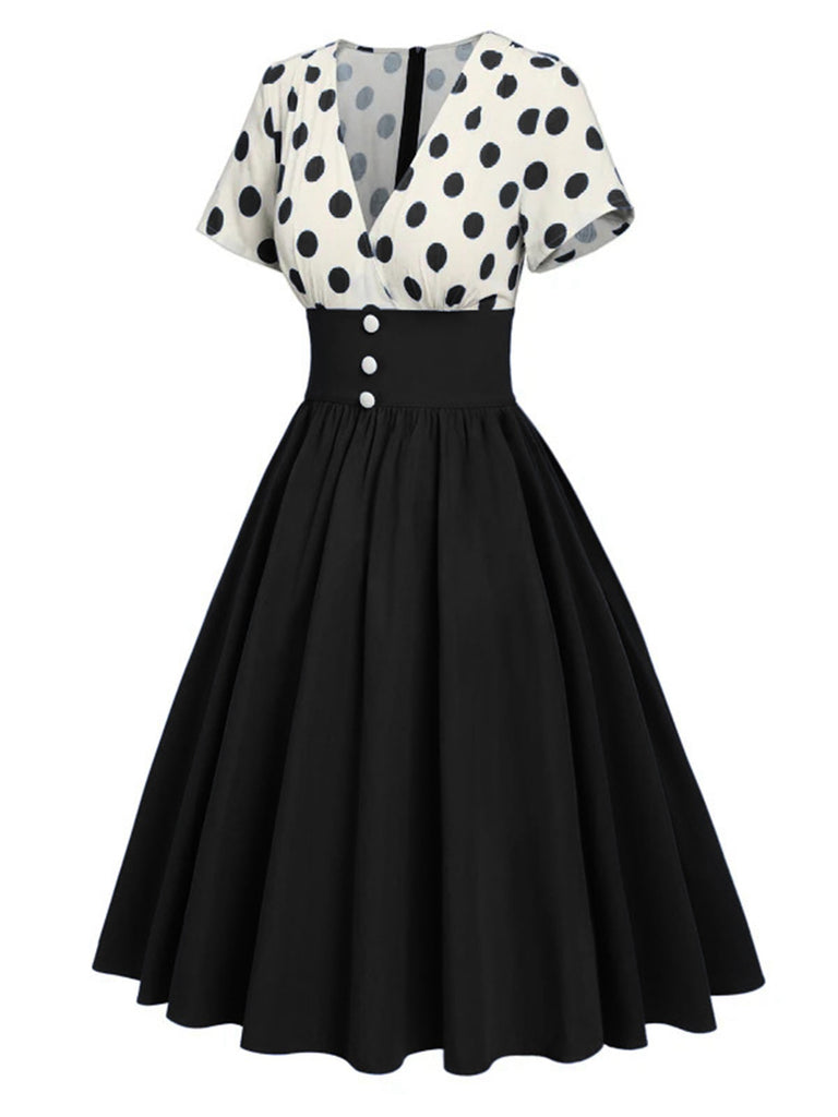 1950s V-Neck Polka Dots Swing Dress — a 1950s silhouette that turns sidewalks into runways