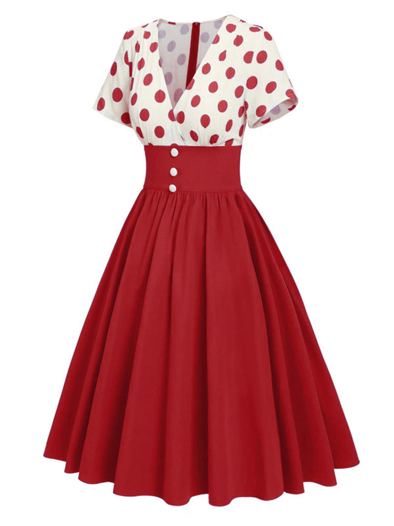 This 1950s V-Neck Polka Dots Swing Dress wraps her in 1950s elegance, one twirl at a time