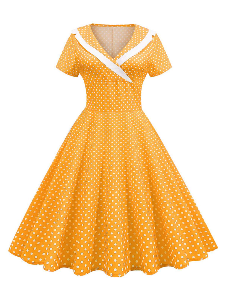 1950s V-Neck Polka Dots Swing Dress, vintage dress, retro fashion, rockabilly, pin-up fashion - perfect for women who love vintage and retro fashion