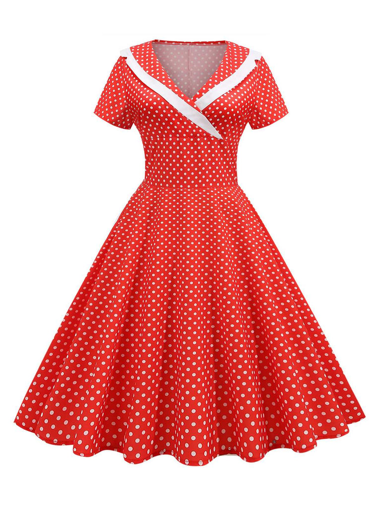 1950s V-Neck Polka Dots Swing Dress, vintage dress, retro fashion, rockabilly, pin-up fashion - perfect for women who love vintage and retro fashion