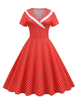 1950s V-Neck Polka Dots Swing Dress