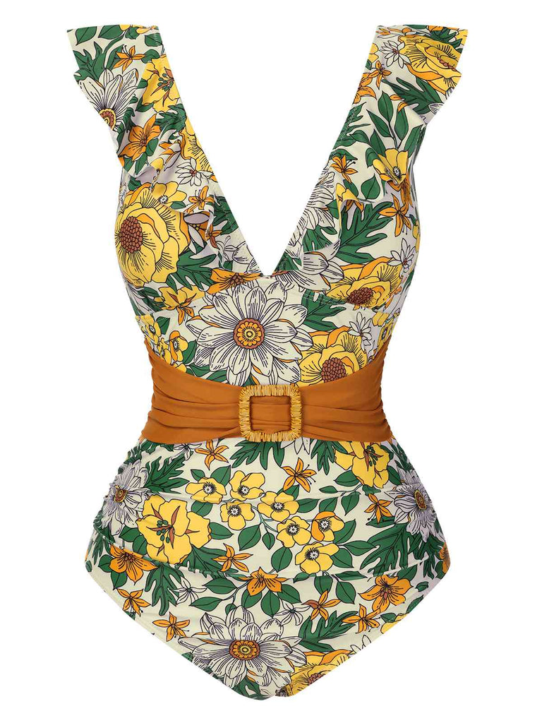 1950s V-Neck Ruffle Shoulder Belted Swimsuit — 1950s poolside glamour meets sun-drenched confidence